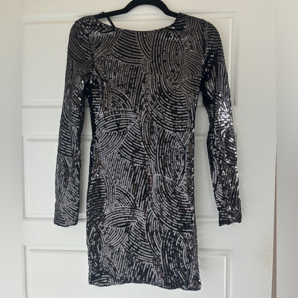 As U Wish Black and Silver Sequin Long Sleeve Dress